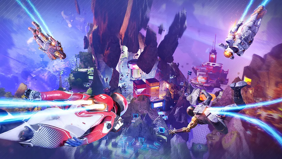 Due giocatori sfrecciano attraverso portali a mezz'aria sopra un'arena futuristica in Splitgate: Arena Reloaded